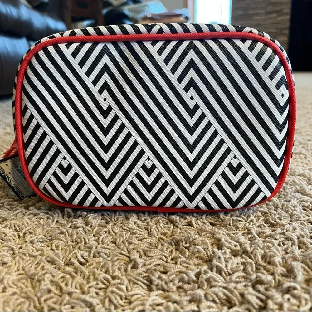 Dabney Lee Travel Weekender Cosmetic Black White Chevron Red Kiss Accessory Bag